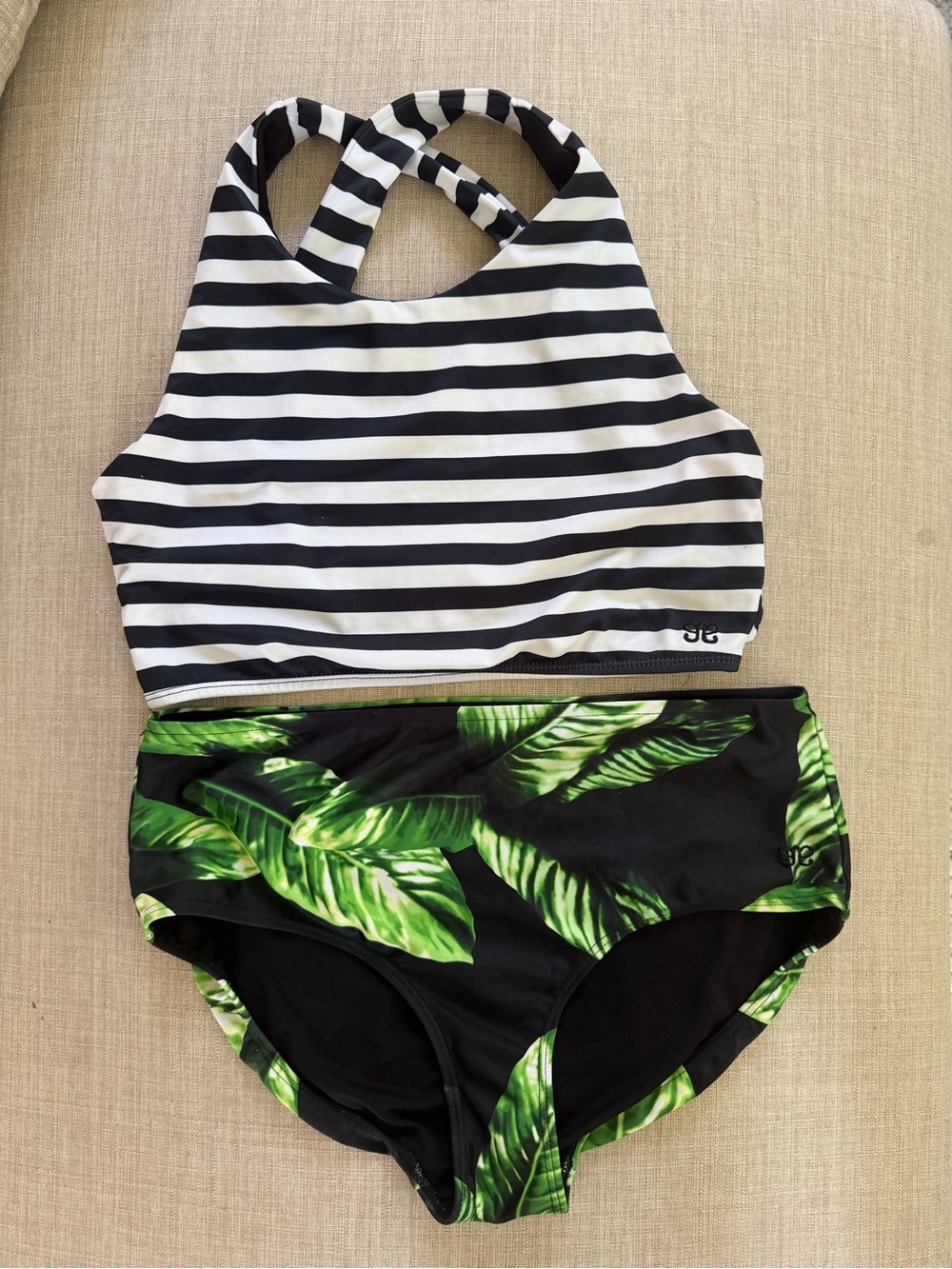 Albion Fit Black & White Stripe High-Neck Swim Top with Green Leaf Bottoms